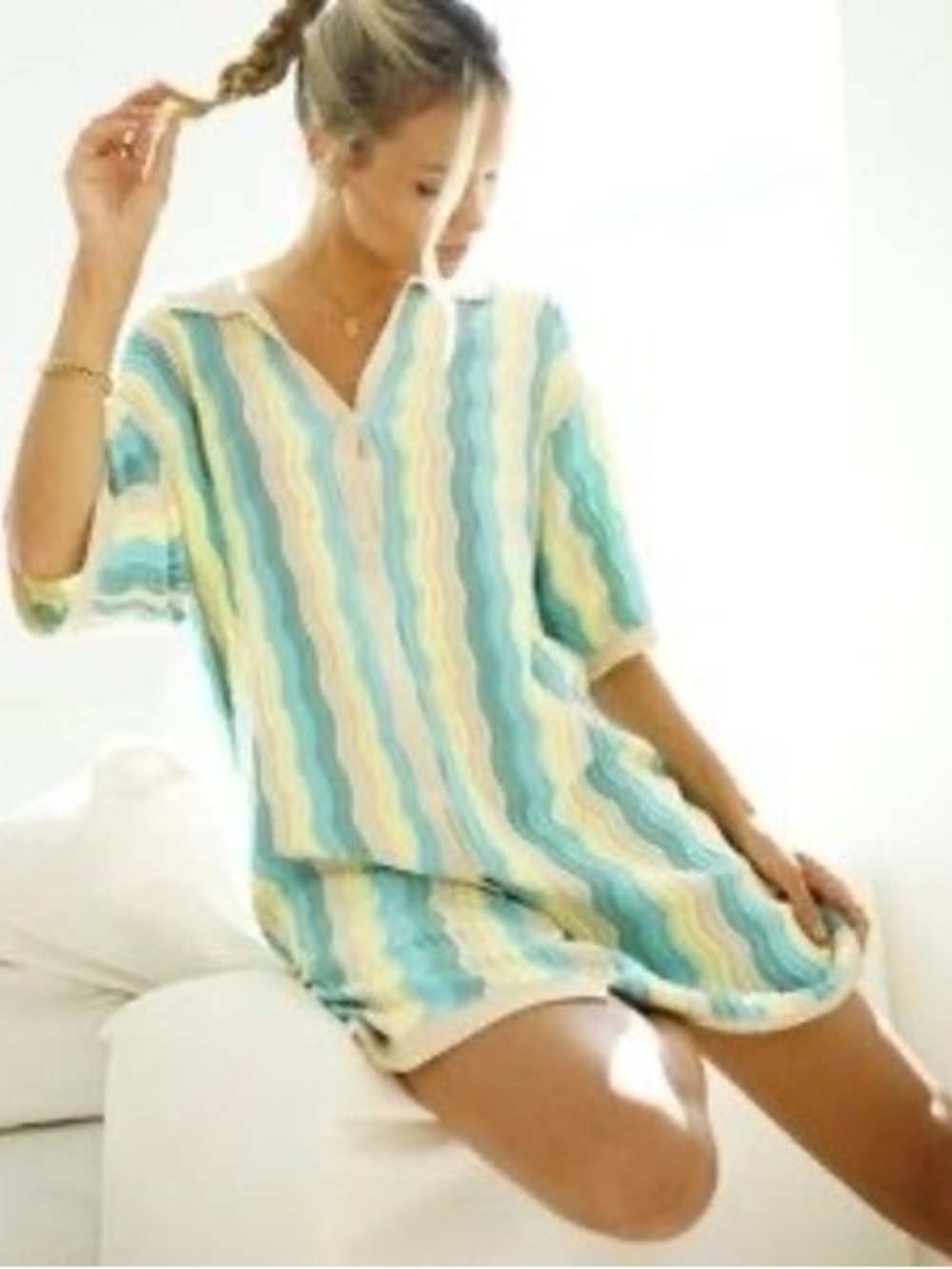 yllw the label Felix Knit Dress Blue Yellow Wave Stripe Button Collared Retro - Picture 5 of 15